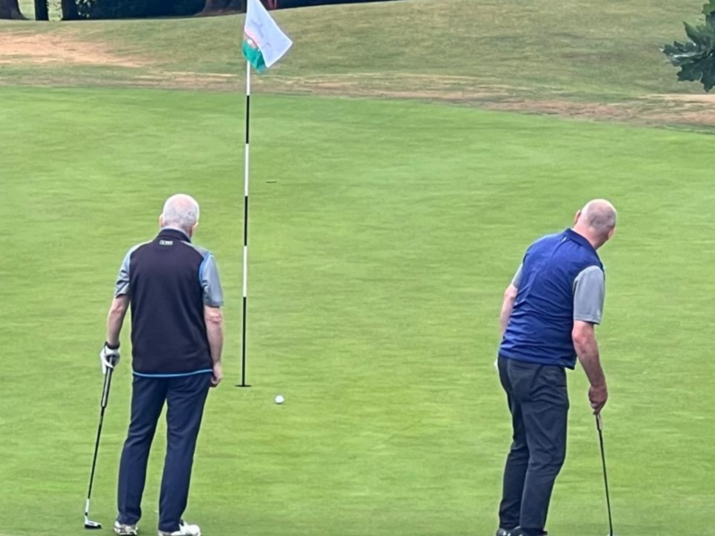 Two golfers lining up shot