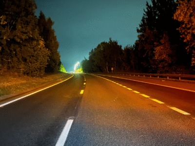 Motorway line marking at dusk