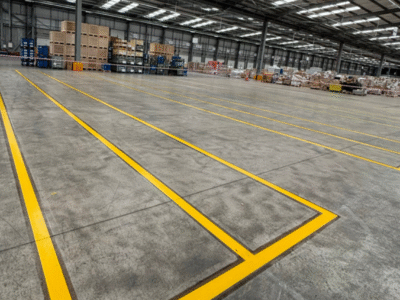 Yellow spacer line markings in warehouse