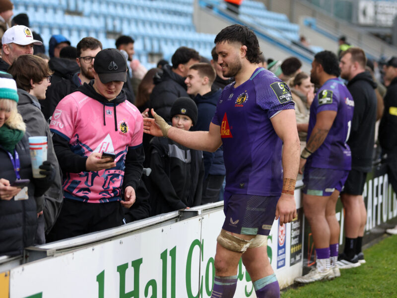 Ethan Roots with a fan at Sandy Park