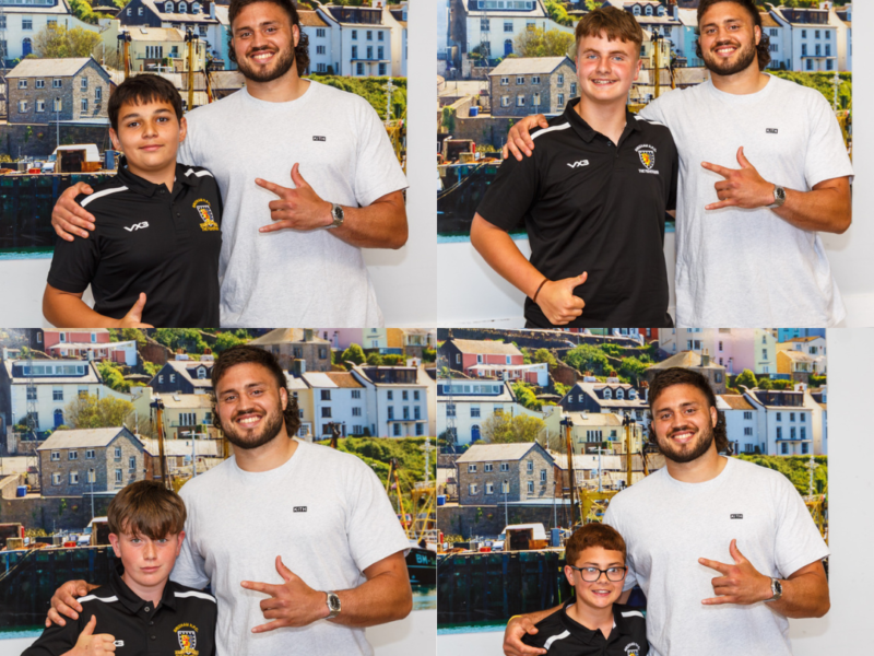 Brixham U14 Players with Ethan Roots Exeter Chiefs