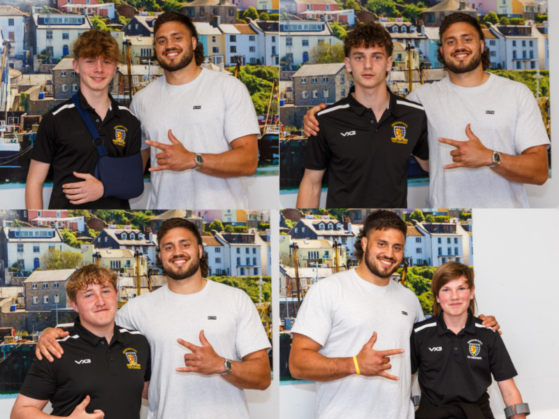 Brixham U14 Players with Ethan Roots Exeter Chiefs