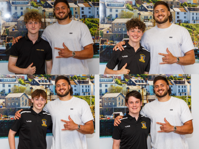 Brixham U14 Players with Ethan Roots Exeter Chiefs