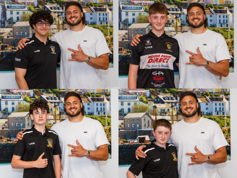 Brixham U14 Players with Ethan Roots Exeter Chiefs