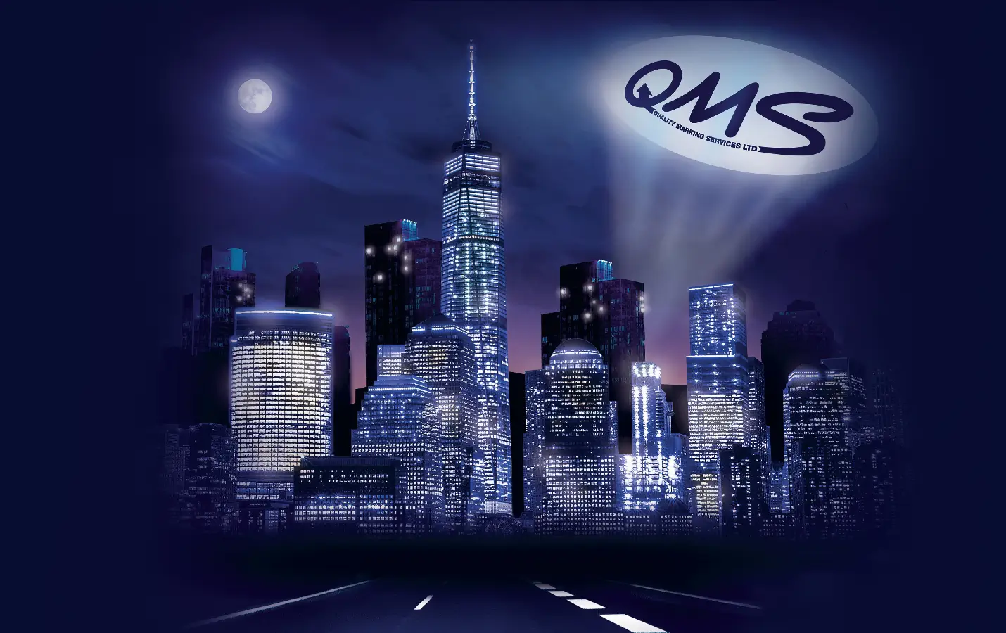 Quality Marking Services logo lit up above a city skyline at night, with a road marked with white lines leading towards it